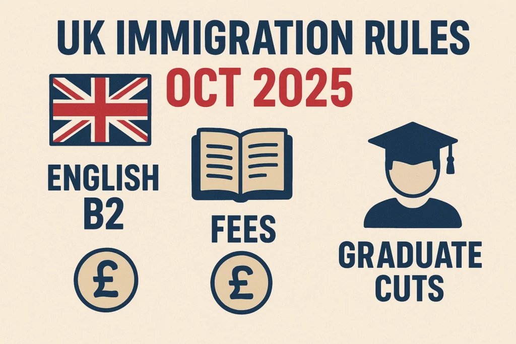 UK Immigration Rules October 2025 infographic showing new English B2 language requirement, increased visa fees, and graduate visa cuts under updated UK Home Office policies.