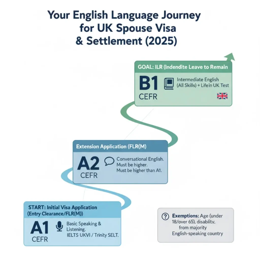 For a UK spouse visa, you must demonstrate English language proficiency at A1 level on the CEFR scale by passing a Secure English Language Test (SELT) in speaking and listening.